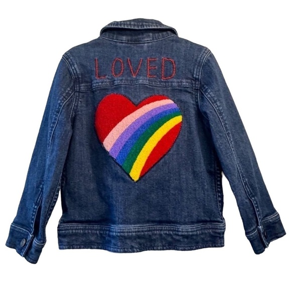 HANNA ANDERSON girls rainbow heart jean jacket denim patches cherries blue sz 5